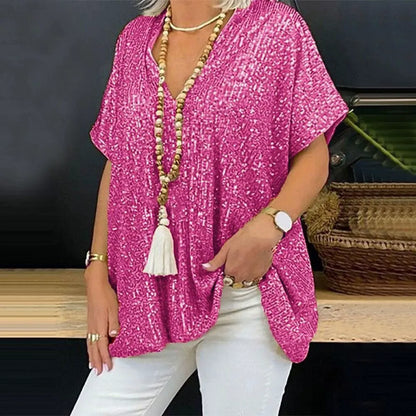 Women’s V-Neck T-Shirt – Relaxed Fit – Sequin Embellished – Short Sleeve