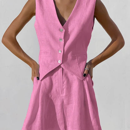 Women’s Vest and Short Set – Linen – Relaxed Fit – Sleeveless – Tailored V-Neck – Button Front