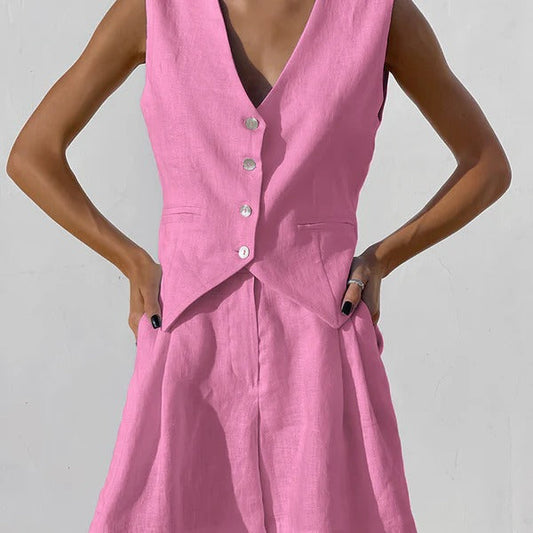 Women’s Vest and Short Set – Linen – Relaxed Fit – Sleeveless – Tailored V-Neck – Button Front
