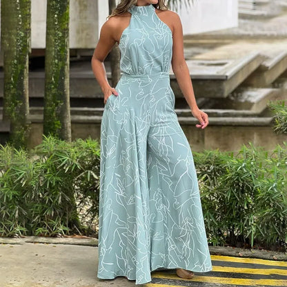 Women’s Jumpsuit – Halter Neck – Abstract Print – Relaxed Fit – Wide Leg – Full Length