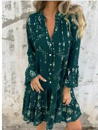Women’s Dress – Flared Fit – Lace Bell Sleeves – Tiered Hem – Button Front – Metallic Detail