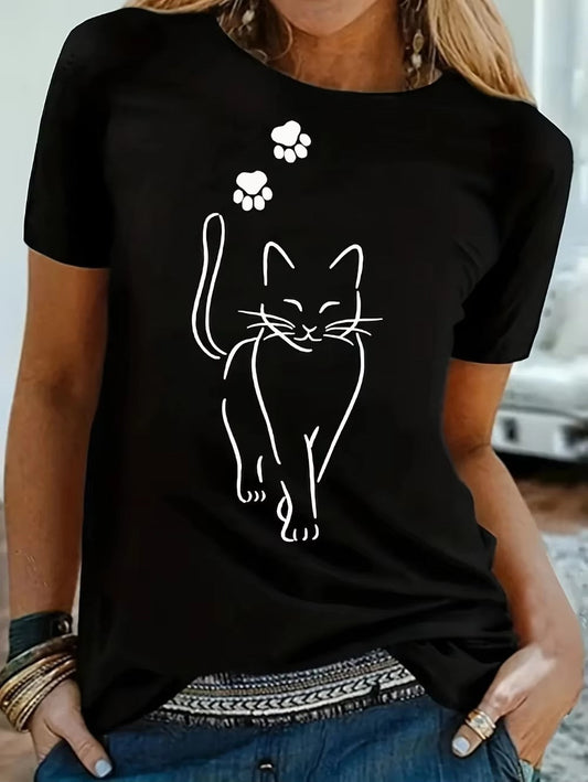 Women’s T-Shirt – Relaxed Fit – Cotton Blend – Short Sleeve – Cat Graphic Print