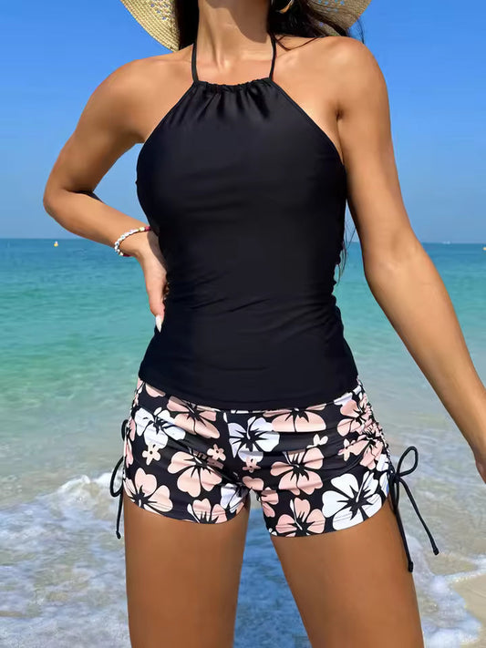 Women’s Tankini Set – Halter Neck Backless Top – Floral Tie Shorts – Breathable Blend