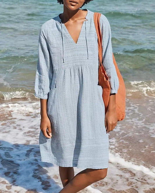 Women’s A-Line Dress – Relaxed Fit – V-Neck – Three-Quarter Sleeve – Breathable Blend