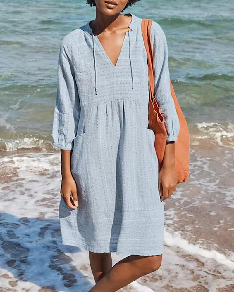 Women’s A-Line Dress – Relaxed Fit – V-Neck – Three-Quarter Sleeve – Breathable Blend