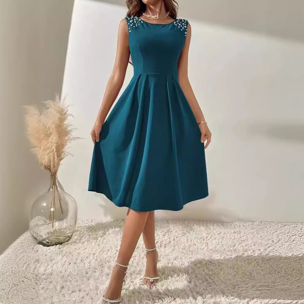 Women’s Midi Dress – Fitted Waist – A-Line Silhouette – Sleeveless Beaded Shoulders