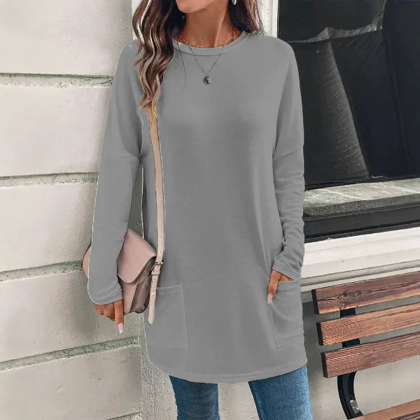Women’s Tunic Top – Cotton Blend – Loose Fit – Long Sleeve – Round Neck – Pockets