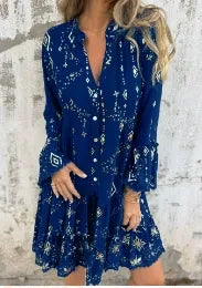 Women’s Dress – Flared Fit – Lace Bell Sleeves – Tiered Hem – Button Front – Metallic Detail