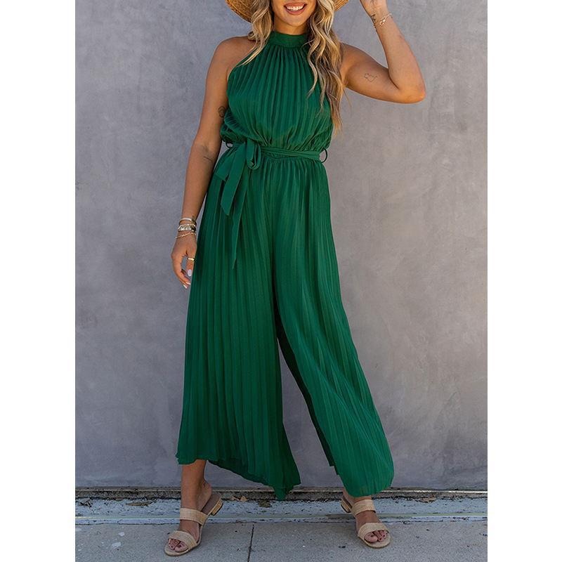 Women’s Jumpsuit – Halter Neck – Pleated Texture – Wide Leg – Tie Waist – Relaxed Fit