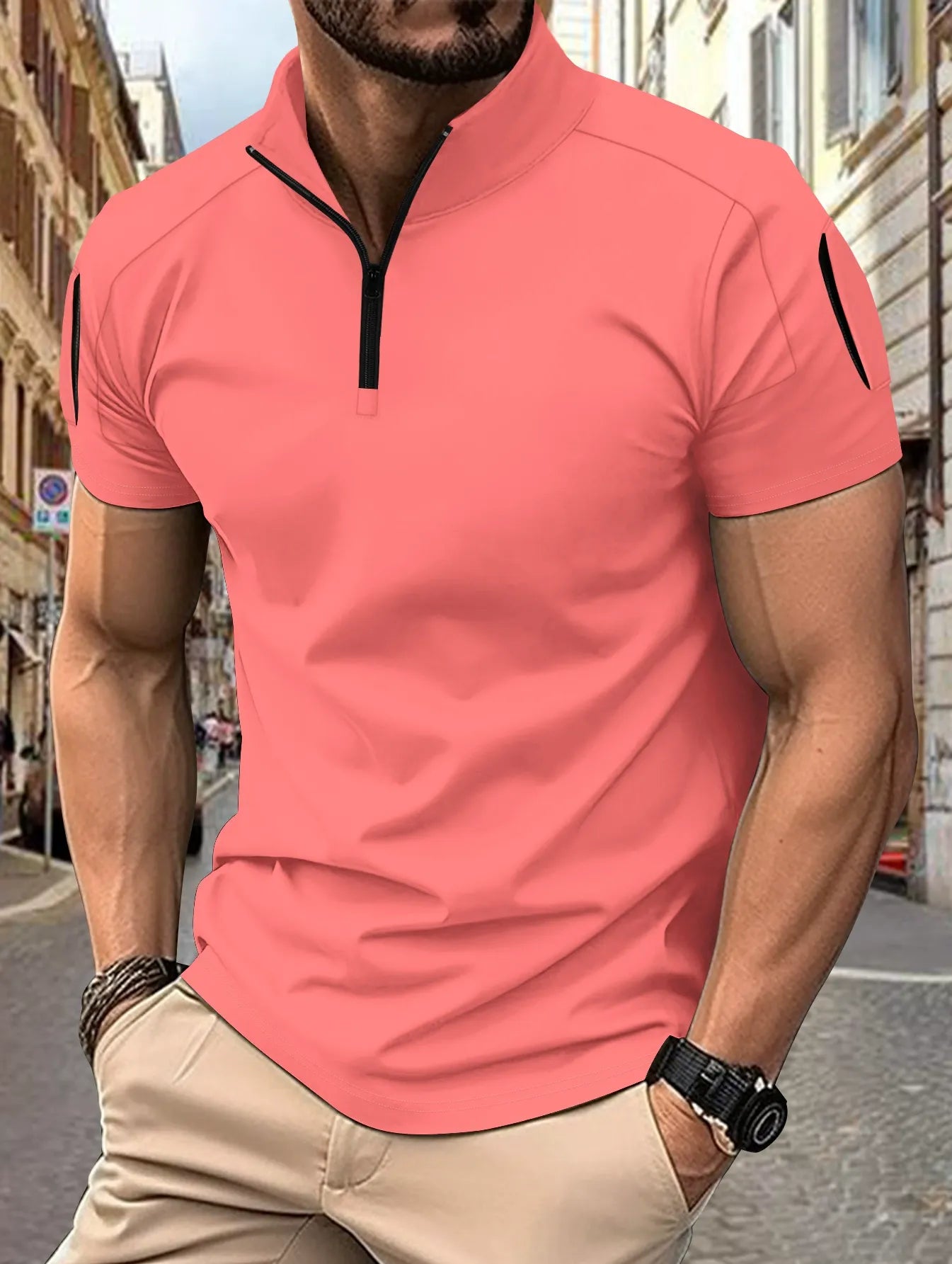 Men’s Polo Shirt – Slim Fit – Cotton Blend – Zip Collar – Tactical Sleeve Pocket