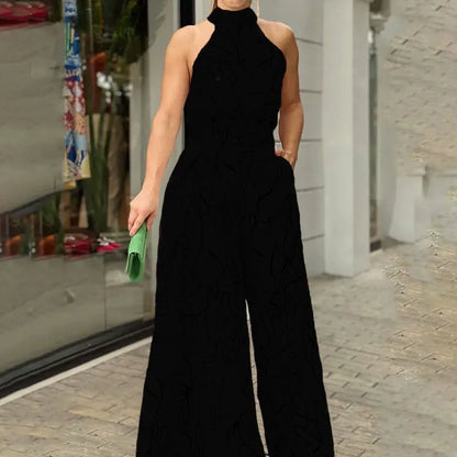 Women’s Jumpsuit – Halter Neck – Abstract Print – Relaxed Fit – Wide Leg – Full Length
