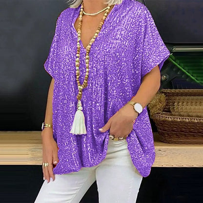 Women’s V-Neck T-Shirt – Relaxed Fit – Sequin Embellished – Short Sleeve