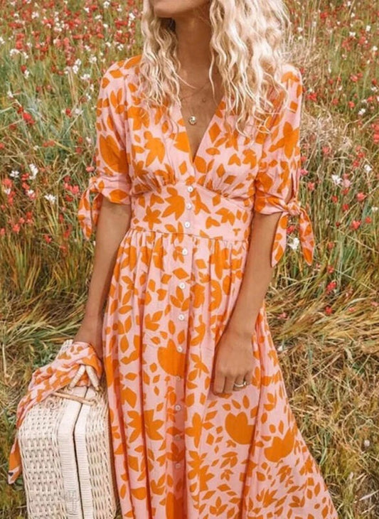 Women’s Midi Dress – Relaxed Fit – V-Neck – Short Sleeve Tie Detail – Button Front – Floral Print
