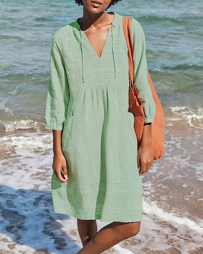 Women’s A-Line Dress – Relaxed Fit – V-Neck – Three-Quarter Sleeve – Breathable Blend