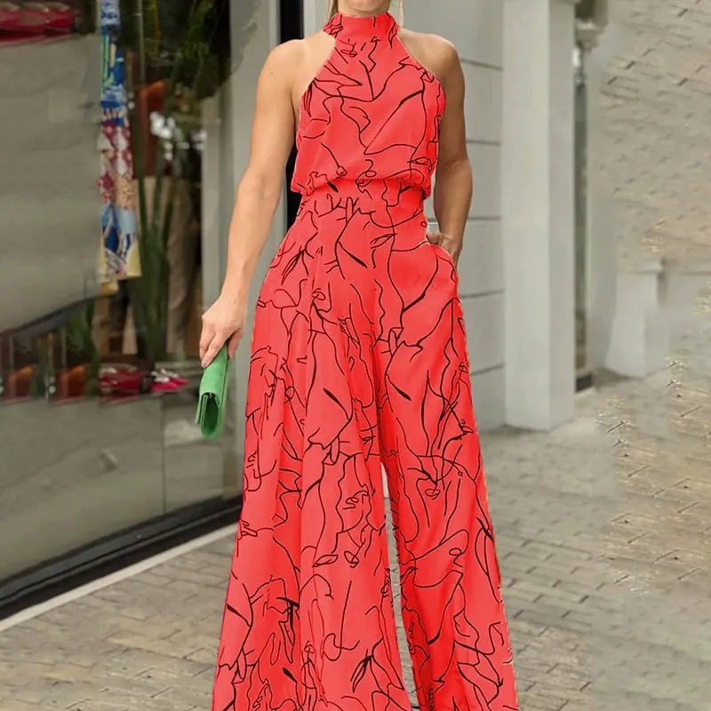Women’s Jumpsuit – Halter Neck – Abstract Print – Relaxed Fit – Wide Leg – Full Length
