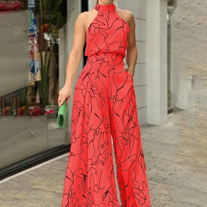 Women’s Jumpsuit – Halter Neck – Abstract Print – Relaxed Fit – Wide Leg – Full Length