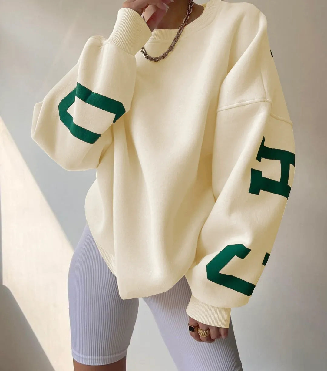 Women’s Oversized Sweatshirt – Cotton Blend – Long Sleeve – Graphic Sleeve Detail