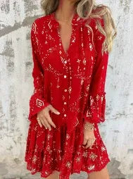 Women’s Dress – Flared Fit – Lace Bell Sleeves – Tiered Hem – Button Front – Metallic Detail