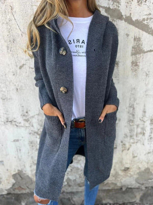 Women’s Long Cardigan – Relaxed Fit – Wool Knit – Button Front – Knee Length – Pockets