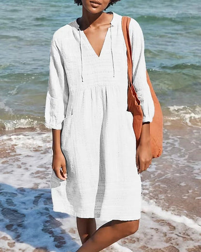 Women’s A-Line Dress – Relaxed Fit – V-Neck – Three-Quarter Sleeve – Breathable Blend