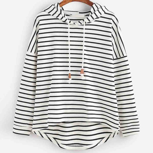 Women’s Hooded Top – Relaxed Fit – Jersey Knit – Striped – High-Low Hem – Drawstring