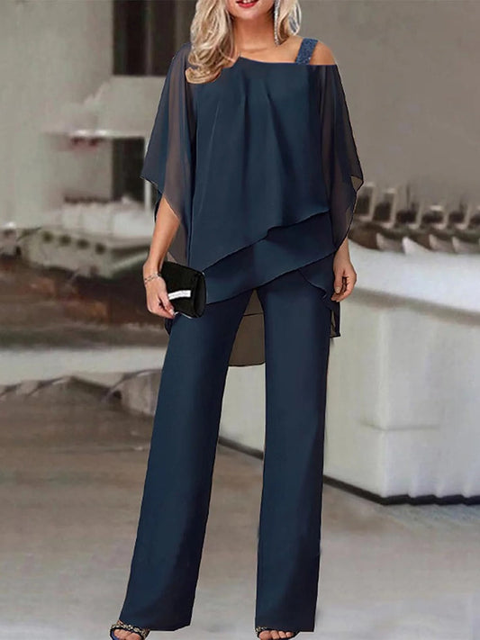 Women’s Two Piece Set – Off Shoulder Top with Asymmetrical Hem – Breathable Blend Pants