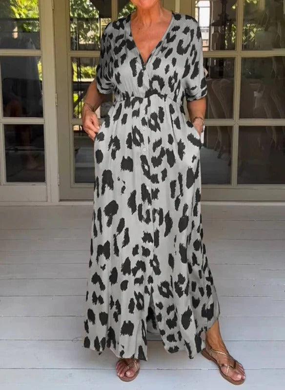 Women’s Midi Dress – Relaxed Fit – V-Neck – Short Sleeve Tie Detail – Button Front – Floral Print