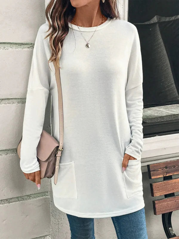 Women’s Tunic Top – Cotton Blend – Loose Fit – Long Sleeve – Round Neck – Pockets