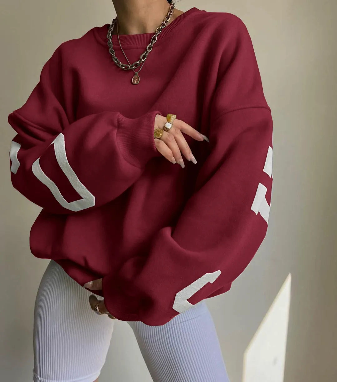 Women’s Oversized Sweatshirt – Cotton Blend – Long Sleeve – Graphic Sleeve Detail
