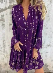 Women’s Dress – Flared Fit – Lace Bell Sleeves – Tiered Hem – Button Front – Metallic Detail