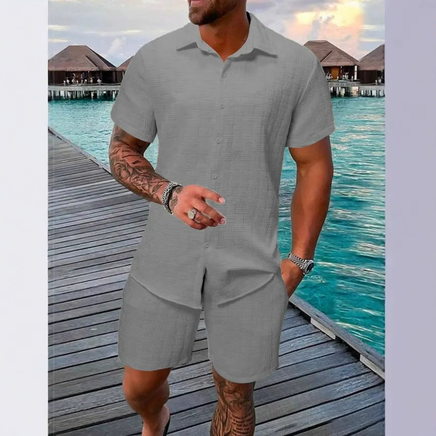 Men’s Casual Set – Relaxed Fit – Jacquard Texture – Short Sleeve Casual Style