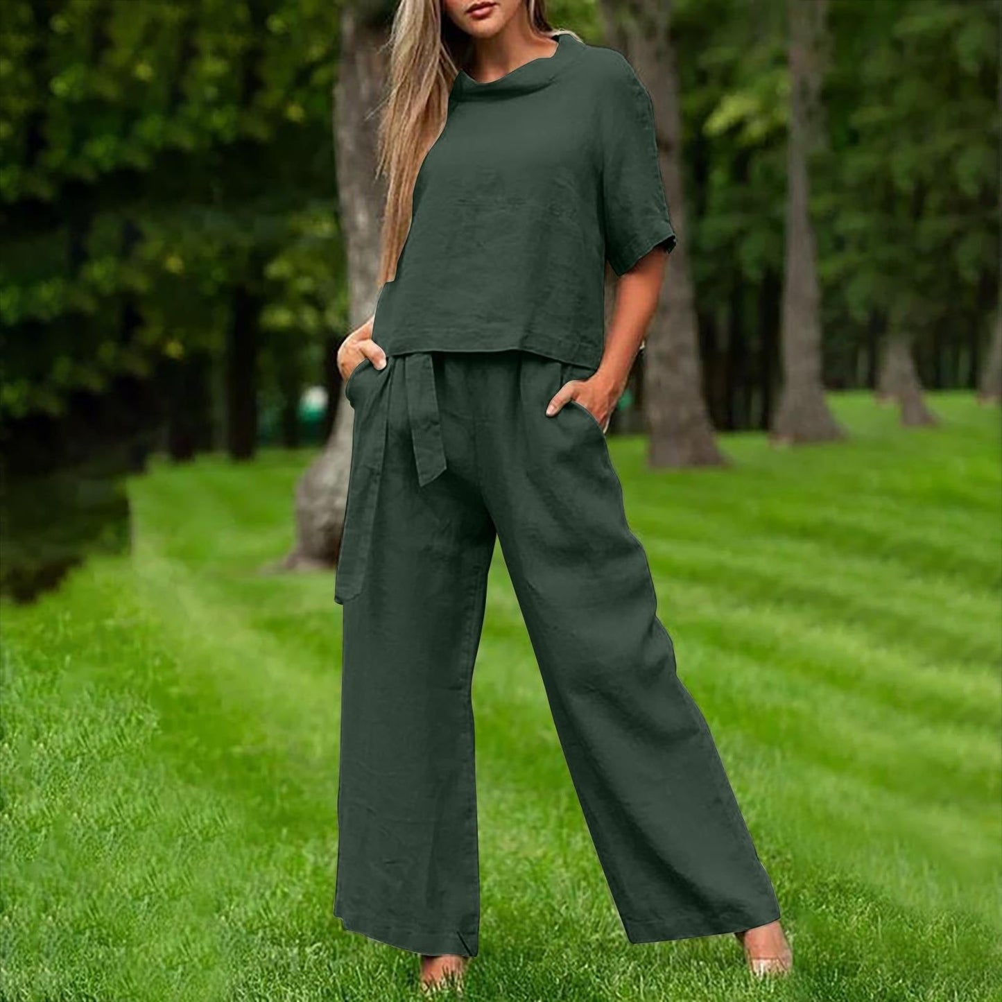 Women’s Two-Piece Set – Relaxed Fit – Short Sleeve Top – Wide-Leg Trousers – Cotton