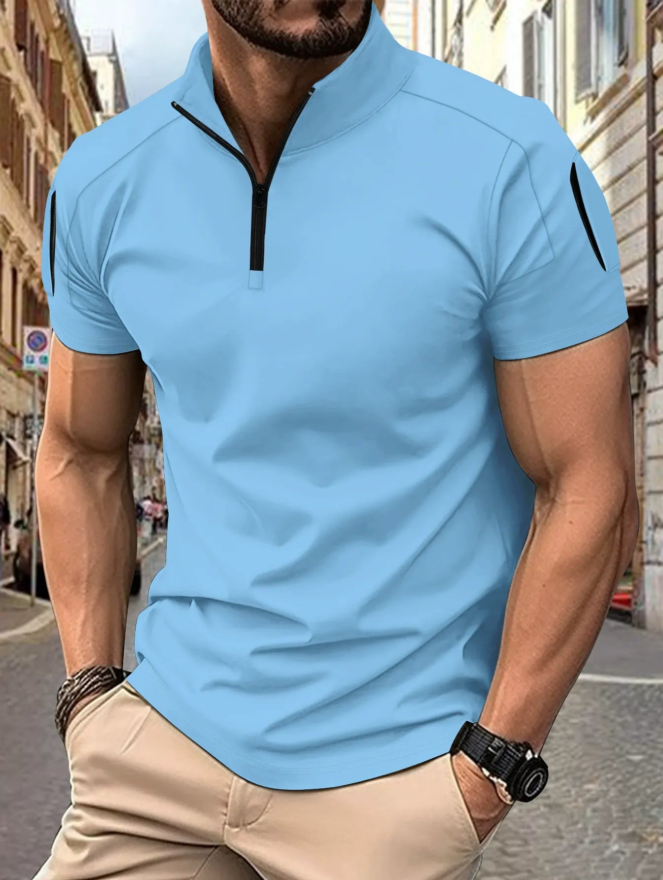 Men’s Polo Shirt – Slim Fit – Cotton Blend – Zip Collar – Tactical Sleeve Pocket