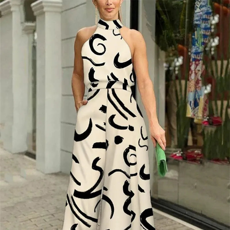 Women’s Jumpsuit – Halter Neck – Abstract Print – Relaxed Fit – Wide Leg – Full Length
