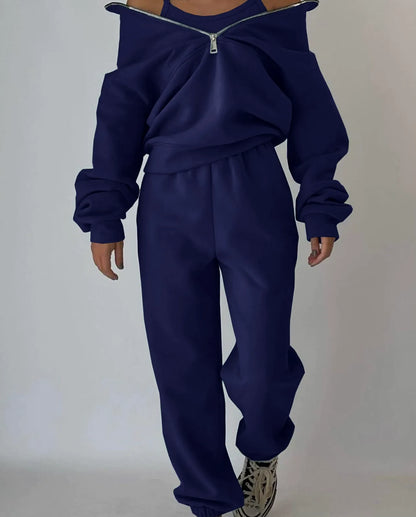 Women’s Athleisure Set – Fleece Half-Zip Pullover – Relaxed Fit – Full-Length Pants