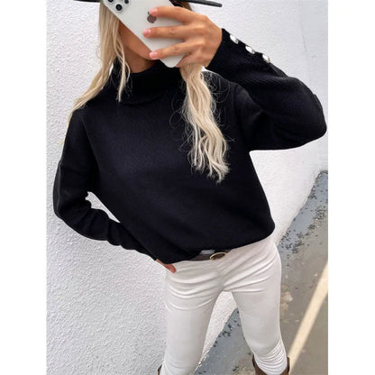 Women’s Turtleneck Sweater – Ribbed Knit – Oversized Fit – Long Sleeve with Buttons