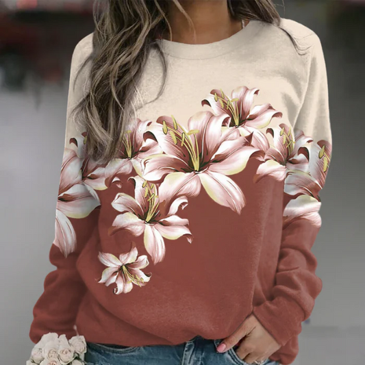 Women’s Sweatshirt – Relaxed Fit – Cotton Blend – Floral Print – Crew Neck – Long Sleeve