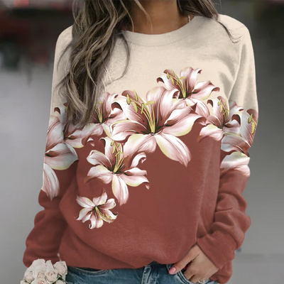 Women’s Sweatshirt – Relaxed Fit – Cotton Blend – Floral Print – Crew Neck – Long Sleeve