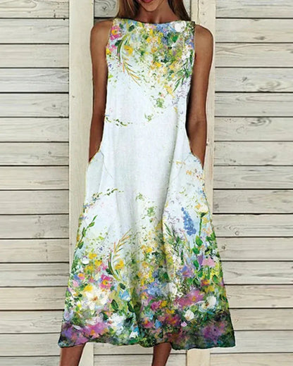 Women’s Midi Dress – A-Line Relaxed Fit – Sleeveless – Breathable Blend – Pockets