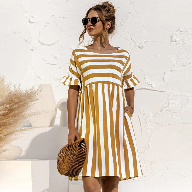 Women’s Knee-Length Dress – Relaxed Fit – Ruffle Sleeve – A-Line – Breathable Blend
