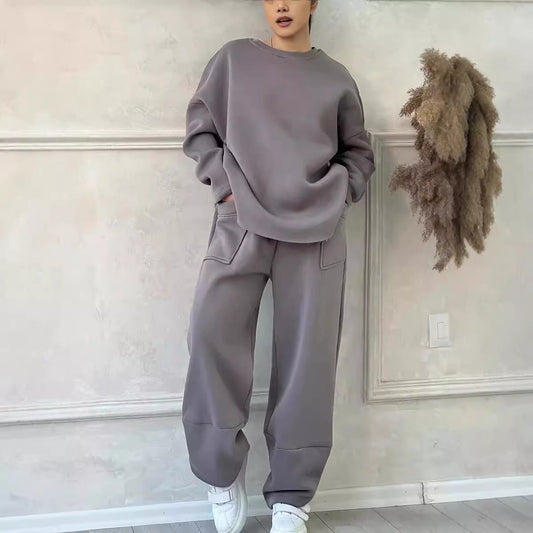 Women’s Lounge Set – Cotton Blend – Oversized Fit – Crew Neck – Wide Leg Trousers