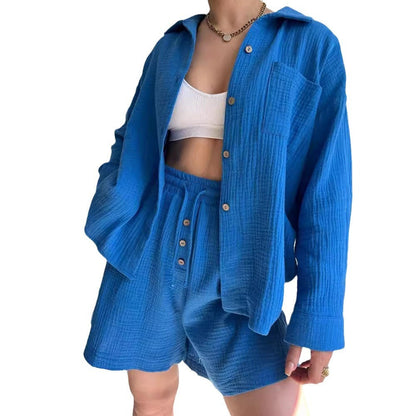 Women’s Two-Piece Set – Oversized Shirt and Drawstring Shorts – Cotton Feel – Relaxed Fit