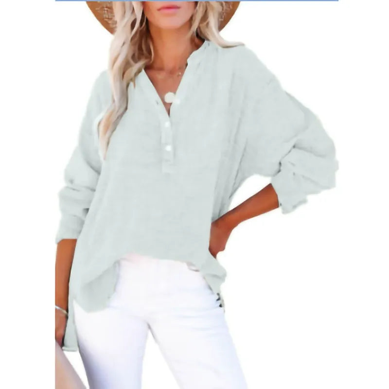 Women’s Shirt – Loose Fit – Cotton – Pleated Front – Button-Up Long Sleeve