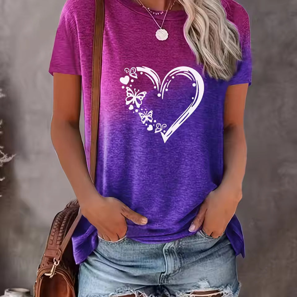 Women’s T-shirt – Oversized Fit – Cotton Blend – Heart and Butterfly Print – Round Neck
