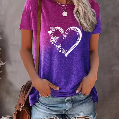 Women’s T-shirt – Oversized Fit – Cotton Blend – Heart and Butterfly Print – Round Neck