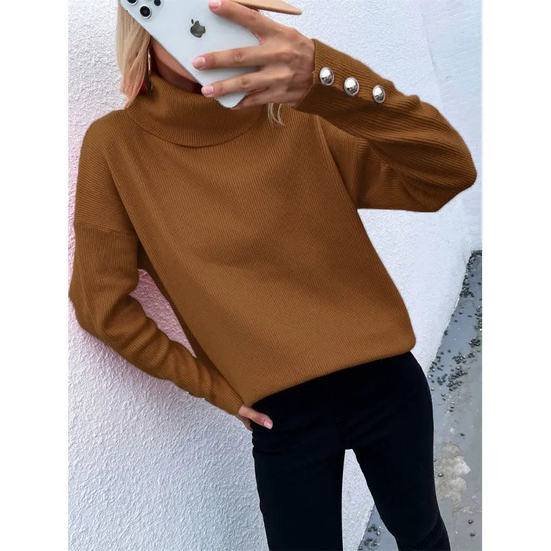 Women’s Turtleneck Sweater – Ribbed Knit – Oversized Fit – Long Sleeve with Buttons