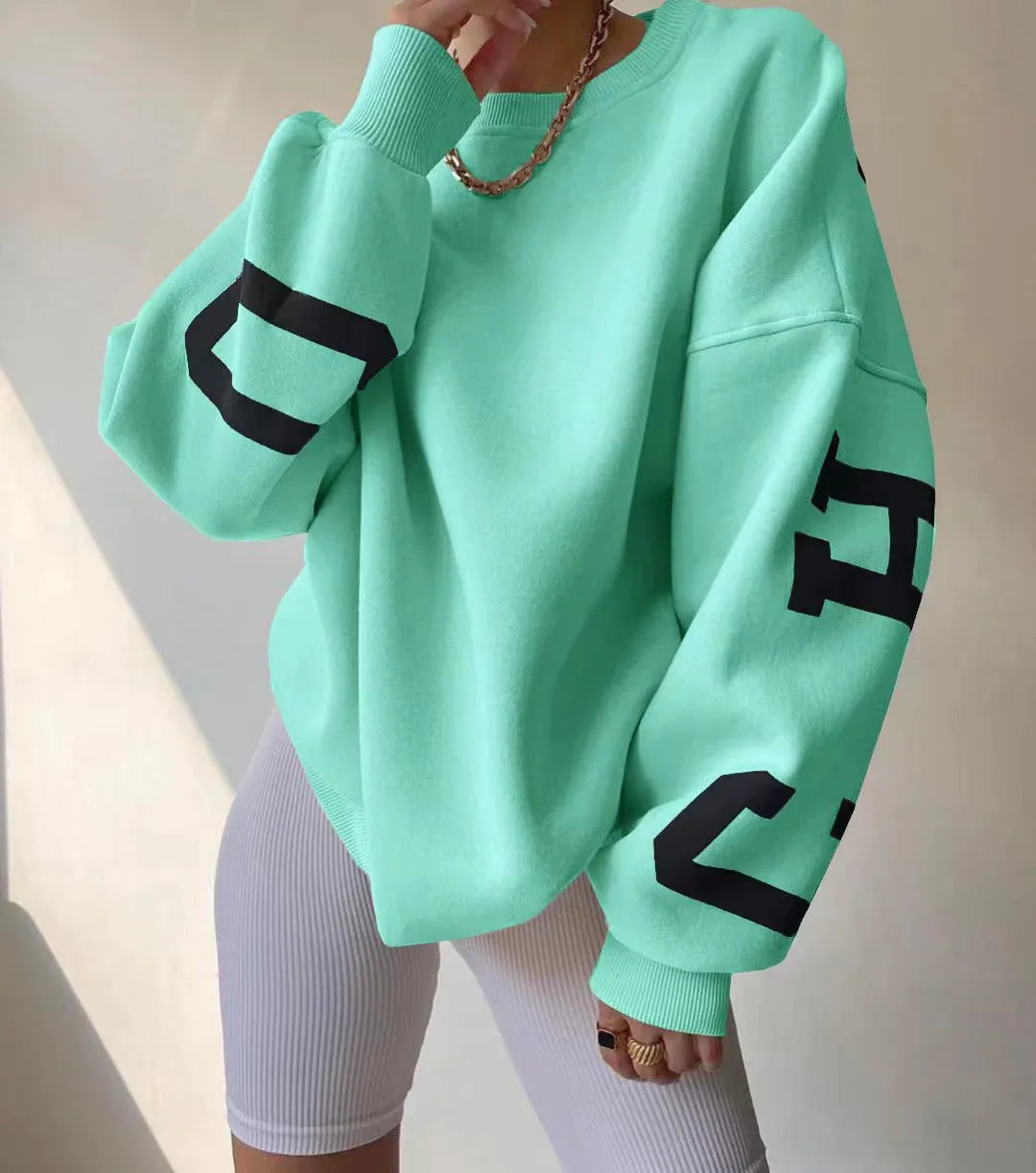 Women’s Oversized Sweatshirt – Cotton Blend – Long Sleeve – Graphic Sleeve Detail