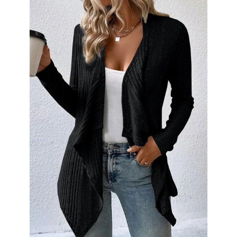 Women’s Cardigan – Wool Blend – Relaxed Fit – Ribbed Knit – Open Front Draped Style