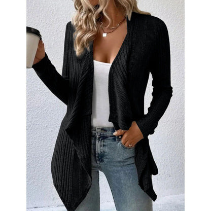 Women’s Cardigan – Wool Blend – Relaxed Fit – Ribbed Knit – Open Front Draped Style