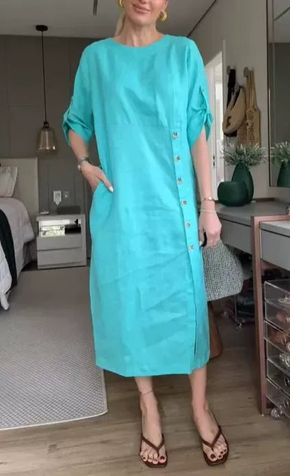 Women’s Midi Dress – Relaxed Fit – Cotton Linen – Side Buttons – Short Sleeve